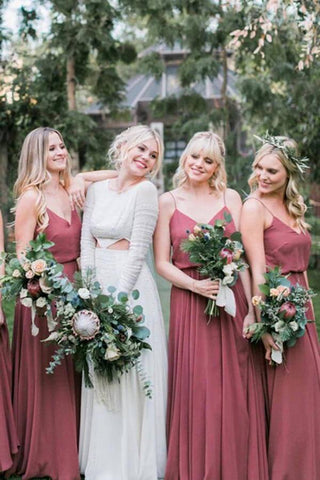 Chiffon A-line V-neck Spaghetti Straps Pleated Long Bridesmaid Dresses