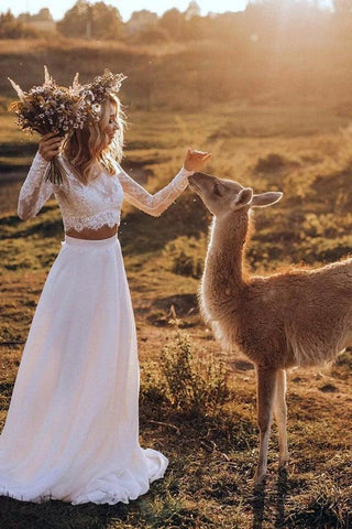 Robe de mariée deux pièces en mousseline, coupe trapèze, manches longues, modèle WD553