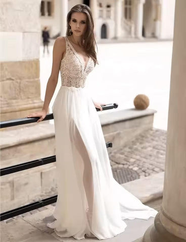 Baoleely Long Puff Sleeves Wedding Dress Lace And Chiffon A Line