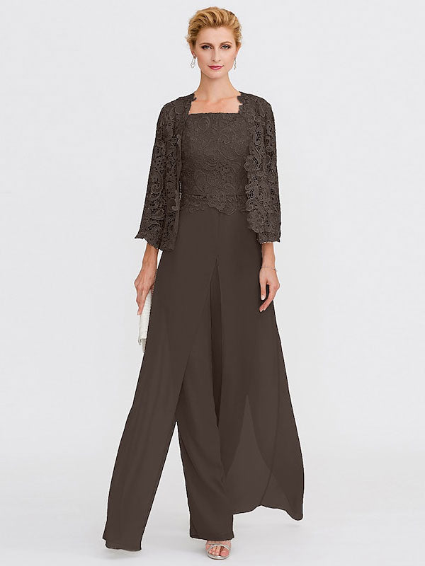 Traje pantalón de chifón de tres piezas con escote cuadrado y chaqueta para la madre de la novia 