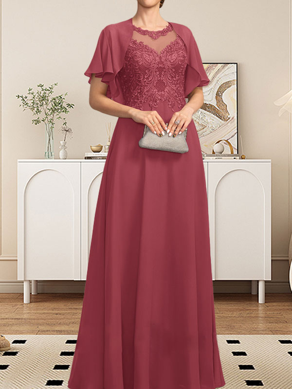 Robe de mère de la mariée en mousseline de dentelle, coupe trapèze, décolleté illusion, longueur au sol, ornée de sequins
