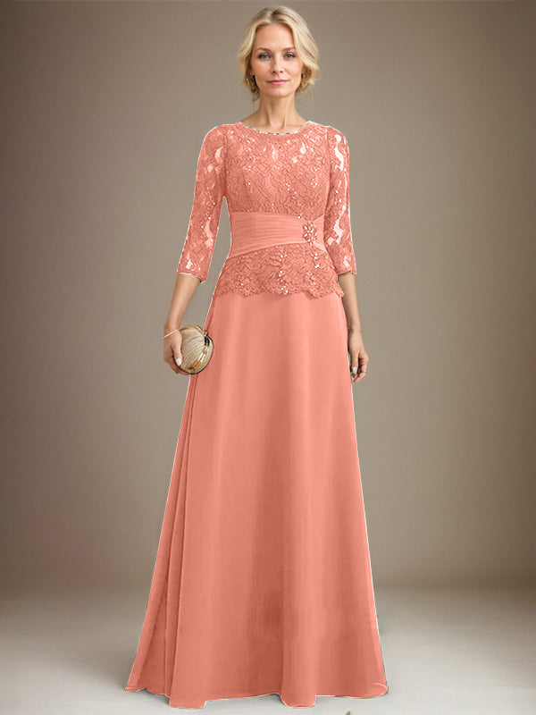 Vestido de corte A, escote ilusión, largo hasta el suelo, de gasa y encaje, para la madre de la novia, con lentejuelas plisadas y pedrería. 