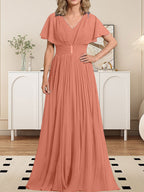 Vestido de gasa de corte A, escote en V, largo hasta el suelo, para la madre de la novia, con broche de cristal y pliegues. 