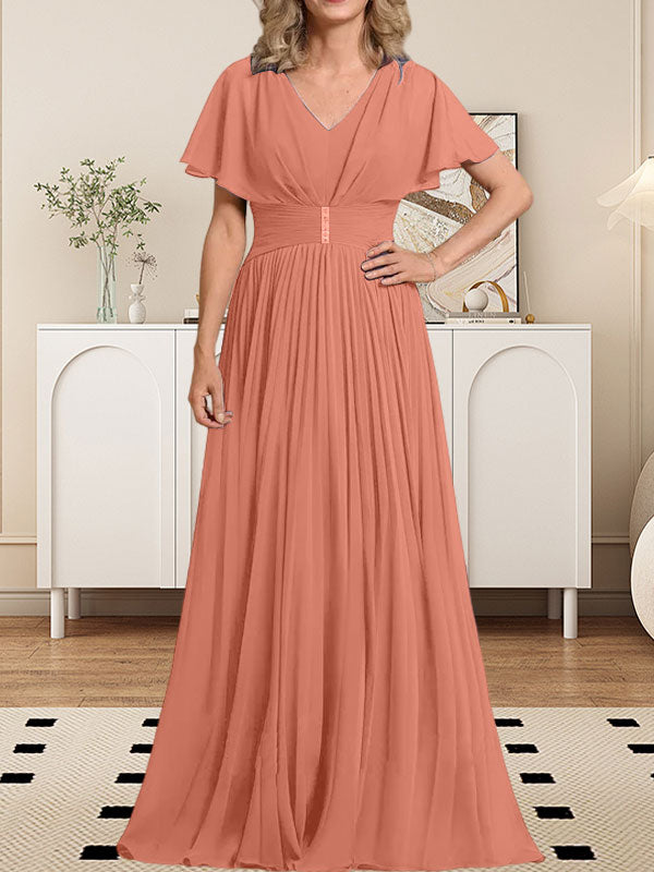 Vestido de gasa de corte A, escote en V, largo hasta el suelo, para la madre de la novia, con broche de cristal y pliegues. 