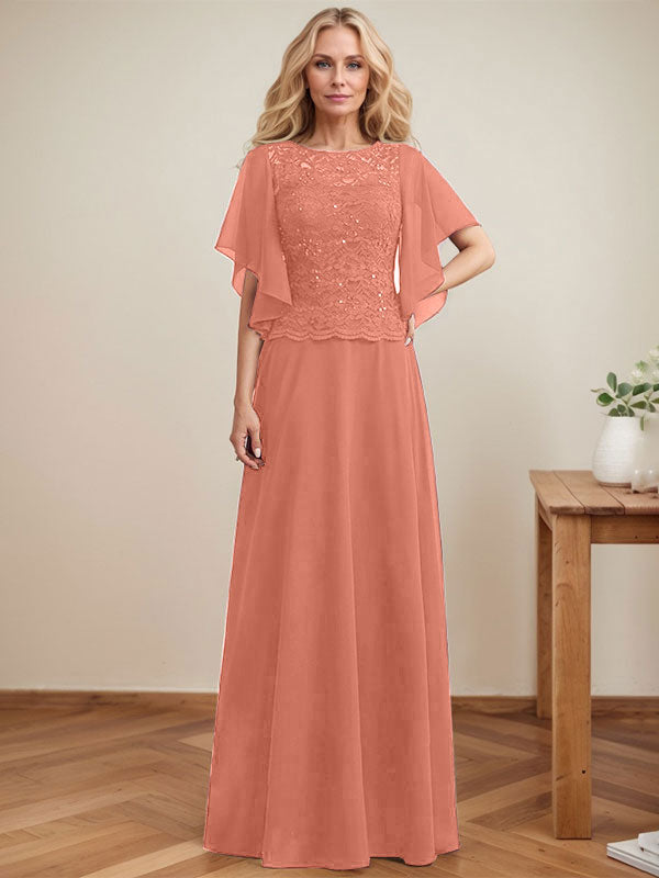 Vestido de novia de corte A, escote redondo, ilusión, largo hasta el suelo, de encaje y gasa con lentejuelas. 