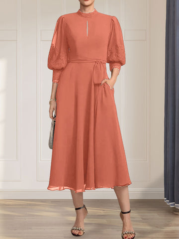 A-line High Neck Tea-Length Lace Chiffon Mother of the Bride Dress With Bow