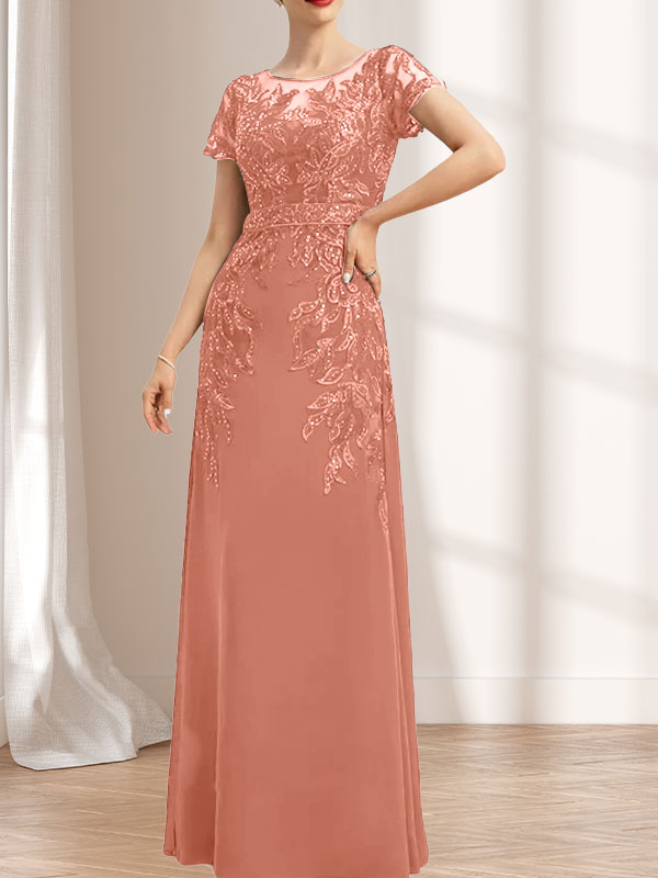 Vestido de novia de corte recto/columna, escote redondo, ilusión, largo hasta el suelo, de encaje y gasa con lentejuelas.