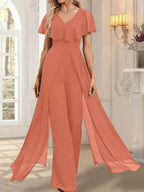 Combinaison-pantalon robe de soirée longue en mousseline à col en V