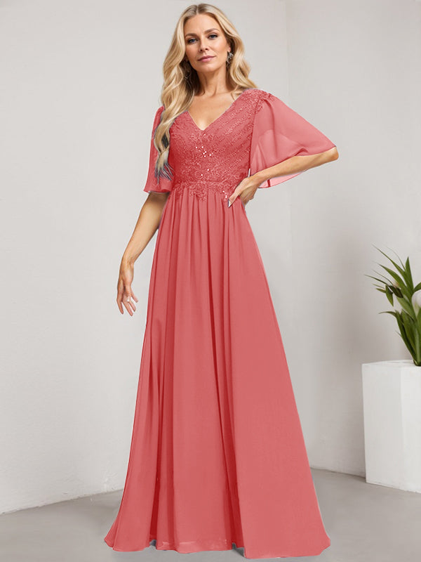 Vestido de novia de corte A, escote en V, largo hasta el suelo, de gasa de encaje con lentejuelas para la madre de la novia 