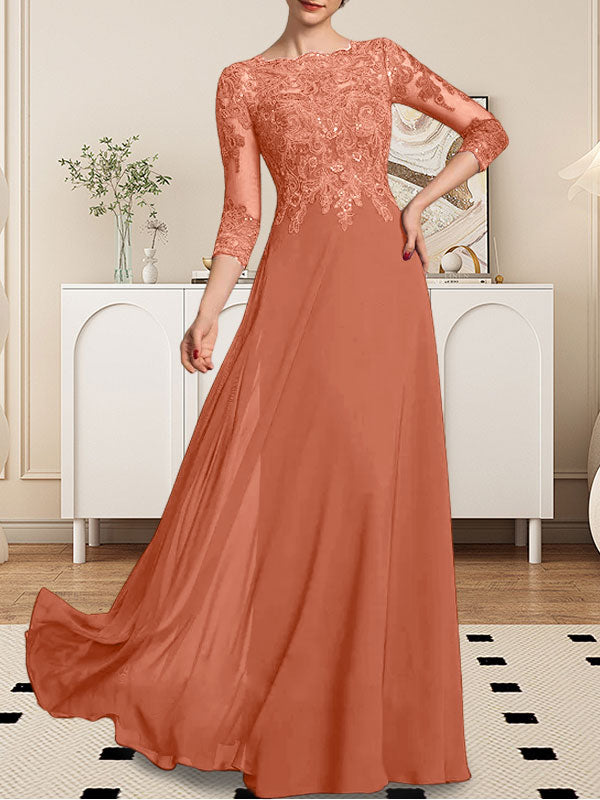 Vestido de novia de corte línea A, escote redondo, largo hasta el suelo, de encaje y gasa con lentejuelas.
