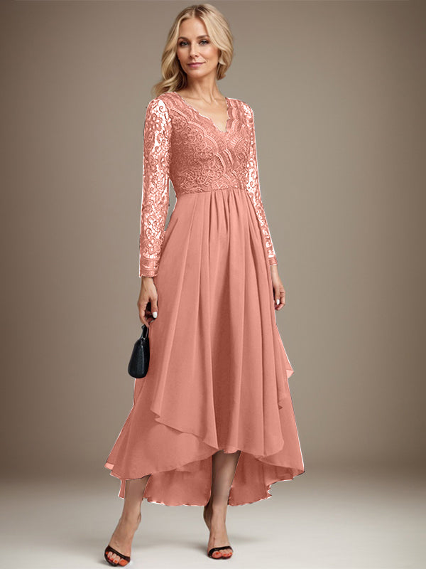 Vestido de novia de gasa con encaje asimétrico, escote en V y corte en A para la madre de la novia 