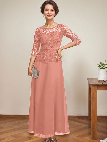 A-line Scoop Illusion Ankle-Length Chiffon Lace Mother of the Bride Dress With Rhinestone Beading