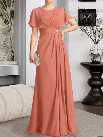 A-line Scoop Floor-Length Chiffon Mother of the Bride Dress With Pleated Beading