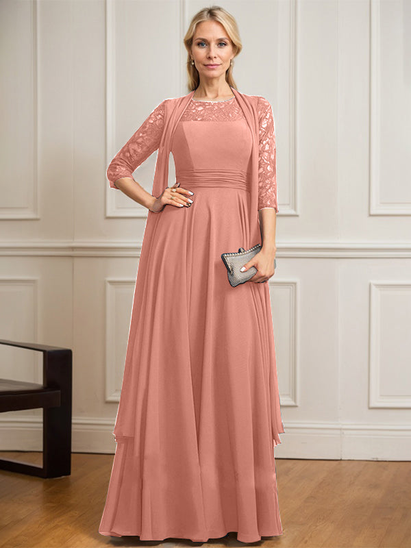 Vestido de novia de corte A, escote redondo ilusión, largo hasta el suelo, de gasa de encaje con pliegues. 