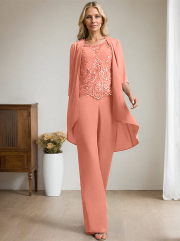 Separates Jumpsuit/Pantsuit Scoop Floor-Length Chiffon Lace Mother of the Bride Dress With Beading Sequins