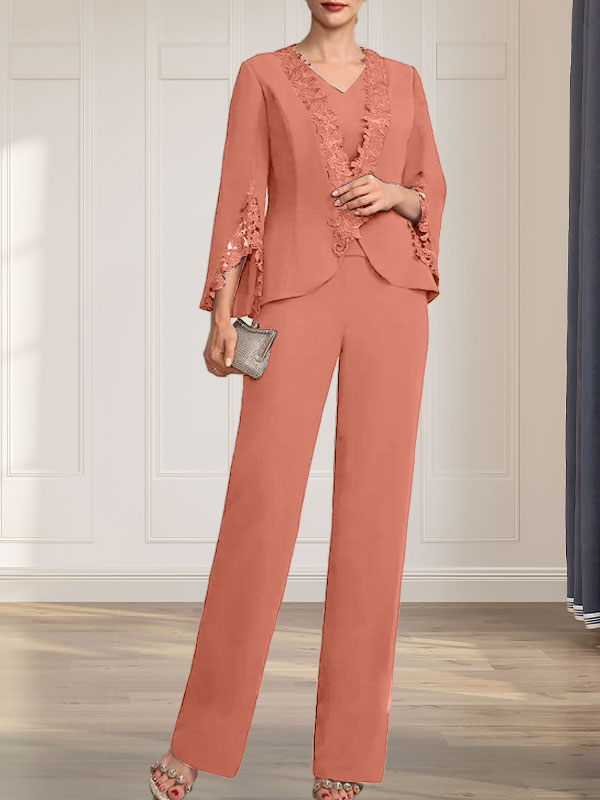 Combinaison/Tailleur-pantalon deux pièces, robe longue en mousseline à col V pour la mère de la mariée