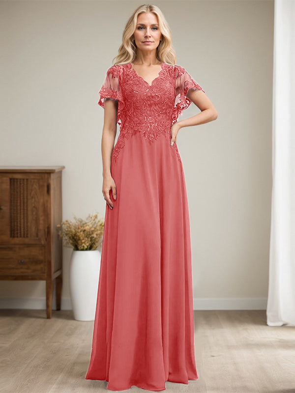 Vestido de novia de corte A, escote en V, largo hasta el suelo, de gasa de encaje con lentejuelas para la madre de la novia 