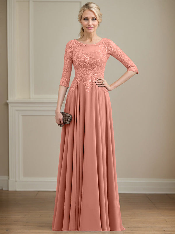 Robe de mère de la mariée en mousseline de dentelle, coupe trapèze, décolleté illusion, longueur au sol, ornée de sequins 