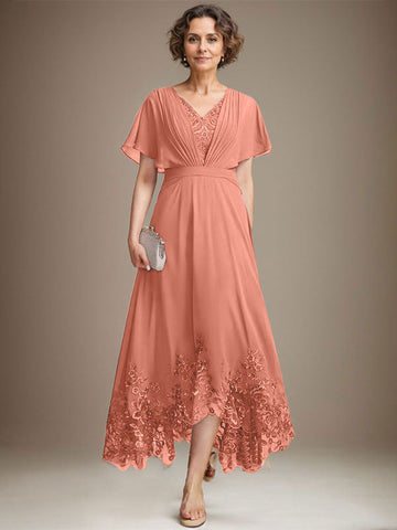 A-line V-Neck Asymmetrical Lace Chiffon Mother of the Bride Dress With Pleated