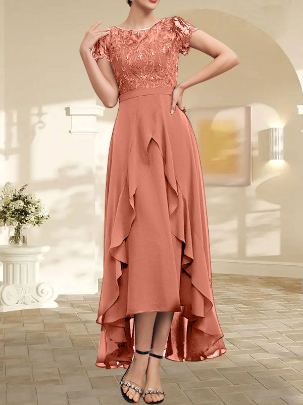 Vestido de novia asimétrico de gasa con encaje, corte en A, escote ilusión, detalle de lazo, volantes y lentejuelas para la madre de la novia 