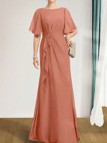 A-line Scoop Floor-Length Chiffon Mother of the Bride Dress With Cascading Ruffles Beading Sequins