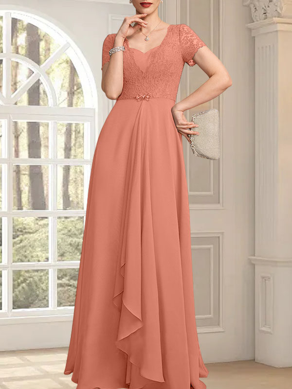 Vestido de corte A, escote corazón, largo hasta el suelo, de gasa, encaje, con cuentas y volantes en cascada para la madre de la novia.