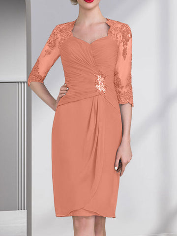 Sheath/Column Sweetheart Knee-Length Chiffon Mother of the Bride Dress With Beading Appliques Lace Sequins Pleated