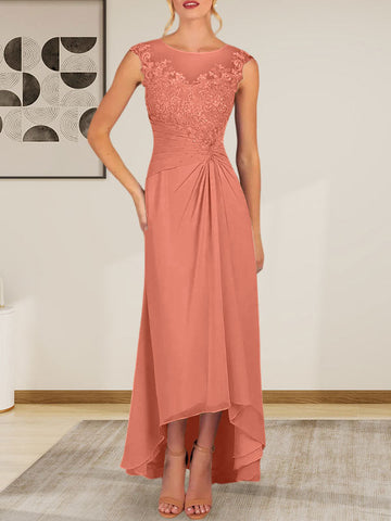 Champagne A-Line Scoop Lace Chiffon Dress