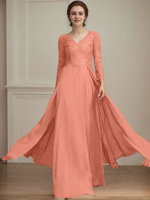Vestido de novia de corte A, escote en V, largo hasta el suelo, de gasa de encaje con lentejuelas para la madre de la novia 