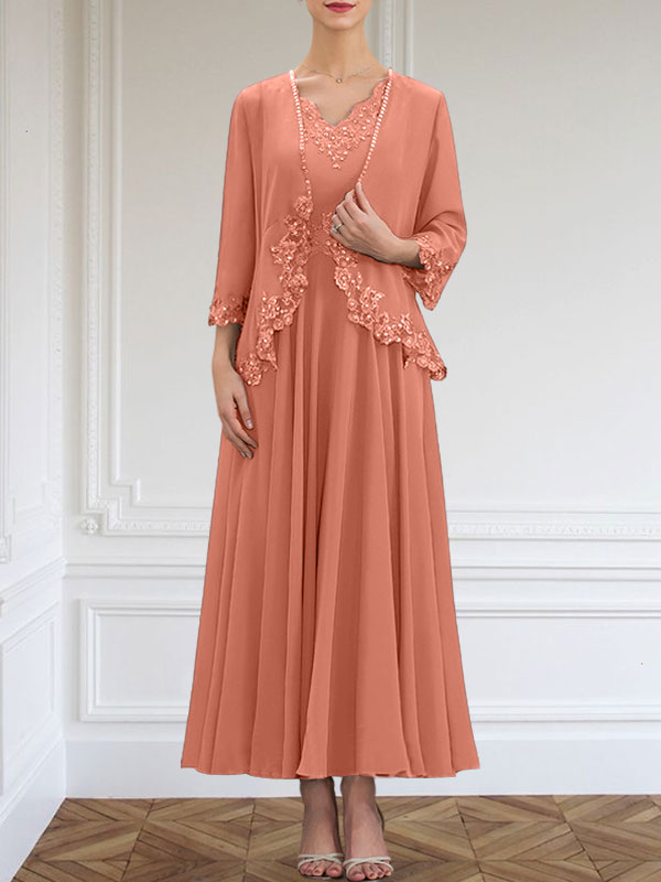 Vestido de corte A, escote en V, largo hasta el tobillo, de gasa, para la madre de la novia, con apliques de lentejuelas, encaje y pedrería.