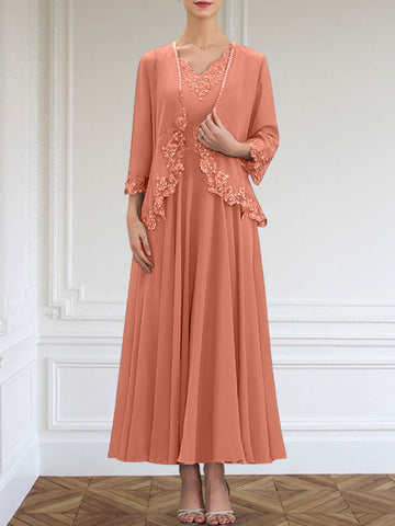 A-line V-Neck Ankle-Length Chiffon Mother of the Bride Dress With Sequins Appliques Lace Beading