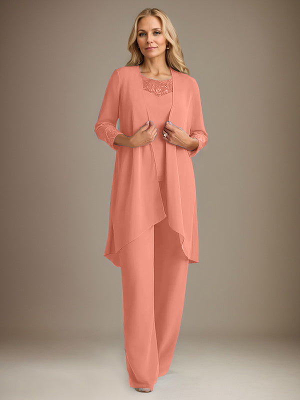 Tailleur-pantalon en mousseline à manches longues et col rond pour la mère de la mariée, avec veste 