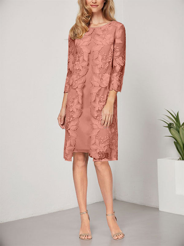 Vestido de corte A, escote redondo, largo hasta la rodilla, de gasa y encaje, para la madre de la novia, con chaqueta. 