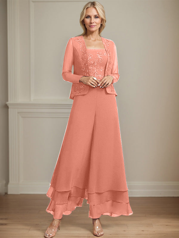 Conjunto de pantalón y chaqueta de dos piezas, corte cuadrado, largo hasta el tobillo, encaje, gasa, vestido de madre de la novia con lentejuelas 