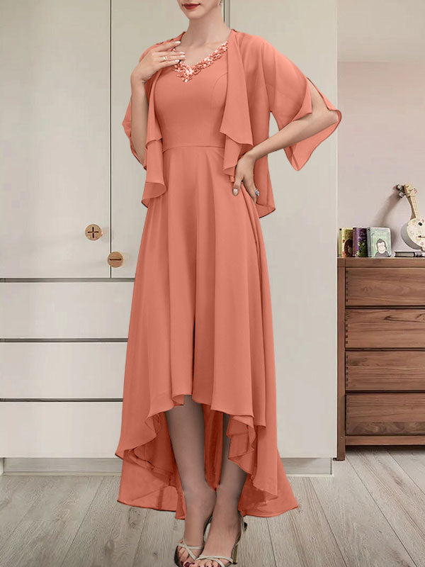 Vestido de corte A, escote en V, asimétrico, de gasa, para la madre de la novia, con lentejuelas y pedrería.
