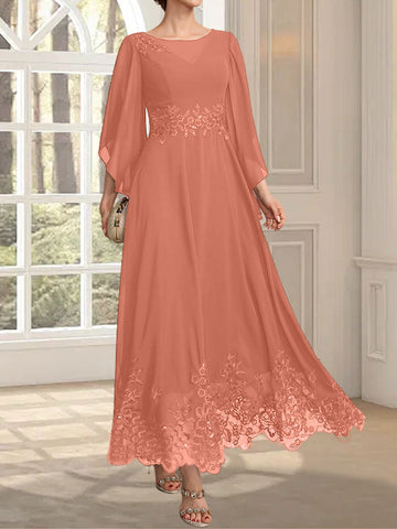 A-line Scoop Illusion Ankle-Length Lace Chiffon Mother of the Bride Dress With Sequins