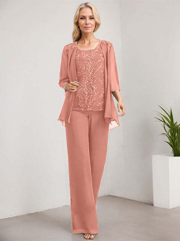 Vestido de novia de gasa con encaje y lentejuelas, estilo mono/pantalón, largo hasta el suelo, con escote redondo.