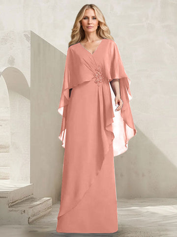 A-line V-Neck Floor-Length Chiffon Mother of the Bride Dress With Cascading Ruffles Beading
