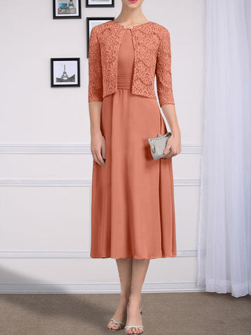 A-line Scoop Tea-Length Chiffon Mother of the Bride Dress With Pleated