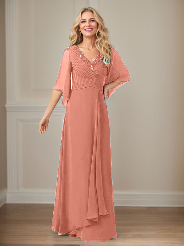 Robe de mère longue en mousseline à sequins, coupe trapèze et col en V