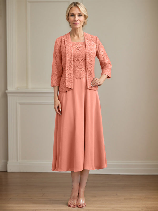 Vestido de corte A con escote redondo y largo hasta la rodilla en gasa de encaje para la madre de la novia 