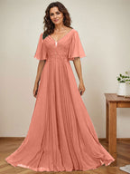 Vestido de corte A, escote en V, largo hasta el suelo, de gasa, para la madre de la novia, con apliques de lentejuelas y encaje plisado. 