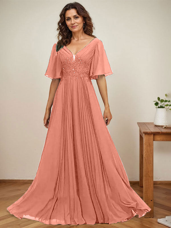 Vestido de corte A, escote en V, largo hasta el suelo, de gasa, para la madre de la novia, con apliques de lentejuelas y encaje plisado. 
