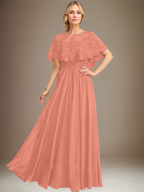 Robe de mère de la mariée en mousseline de soie dentelle, coupe trapèze, col bateau, longueur au sol, ornée d'appliqués de sequins 