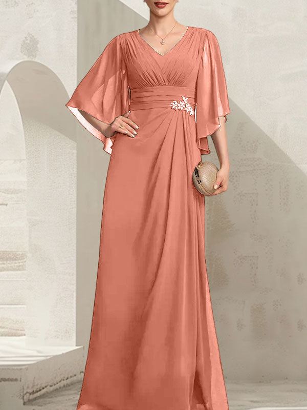 Vestido de corte recto/columna, escote en V, largo hasta el suelo, de gasa, para la madre de la novia, con lentejuelas plisadas y pedrería.