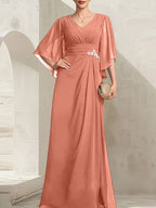 Vestido de corte recto/columna, escote en V, largo hasta el suelo, de gasa, para la madre de la novia, con lentejuelas plisadas y pedrería.