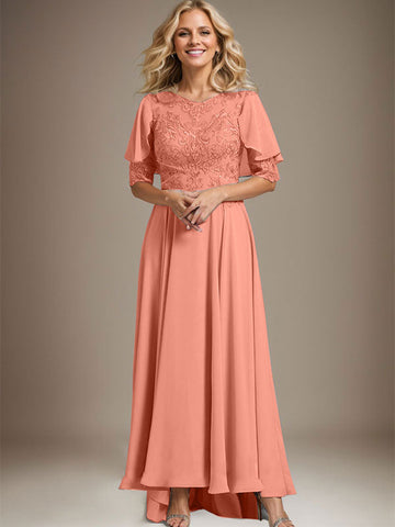 A-line Scoop Illusion Asymmetrical Chiffon Lace Mother of the Bride Dress With Beading