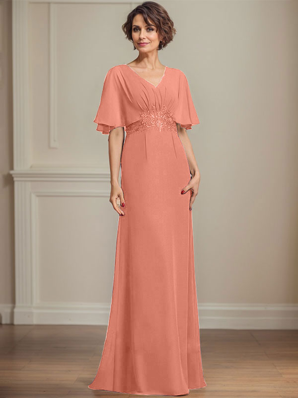 Vestido de corte A, escote en V, largo hasta el suelo, de gasa, para la madre de la novia, con apliques de lentejuelas plisadas y encaje.