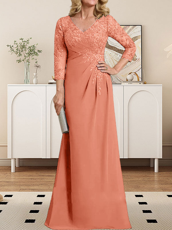 Vestido de novia de corte recto/columna, escote en V ilusión, largo hasta el suelo, de gasa de encaje con lentejuelas plisadas. 