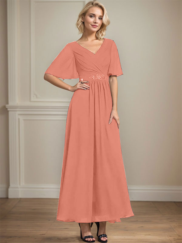Vestido de gasa de corte A, escote en V, largo hasta el tobillo, para la madre de la novia, con lentejuelas y cuentas plisadas.